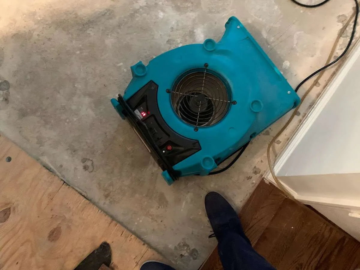 Air mover drying subfloor during Leak Detection & Repair in South Lakes